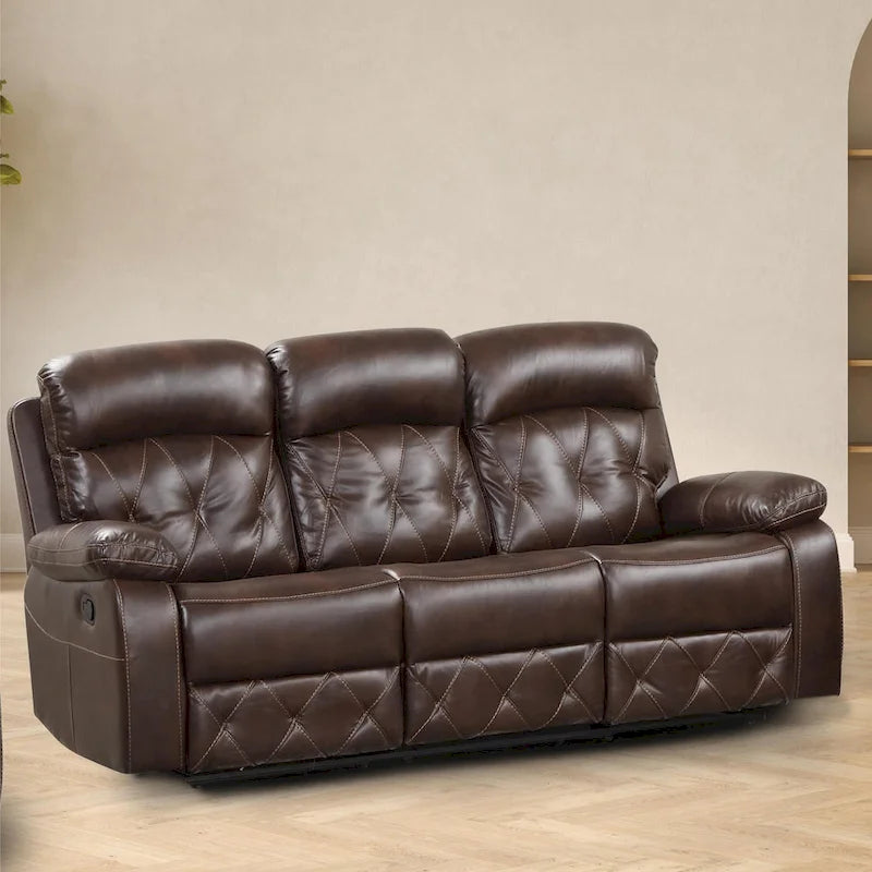 Owen Brown Breathable Leather Reclining Sofa with Diamond Stitching