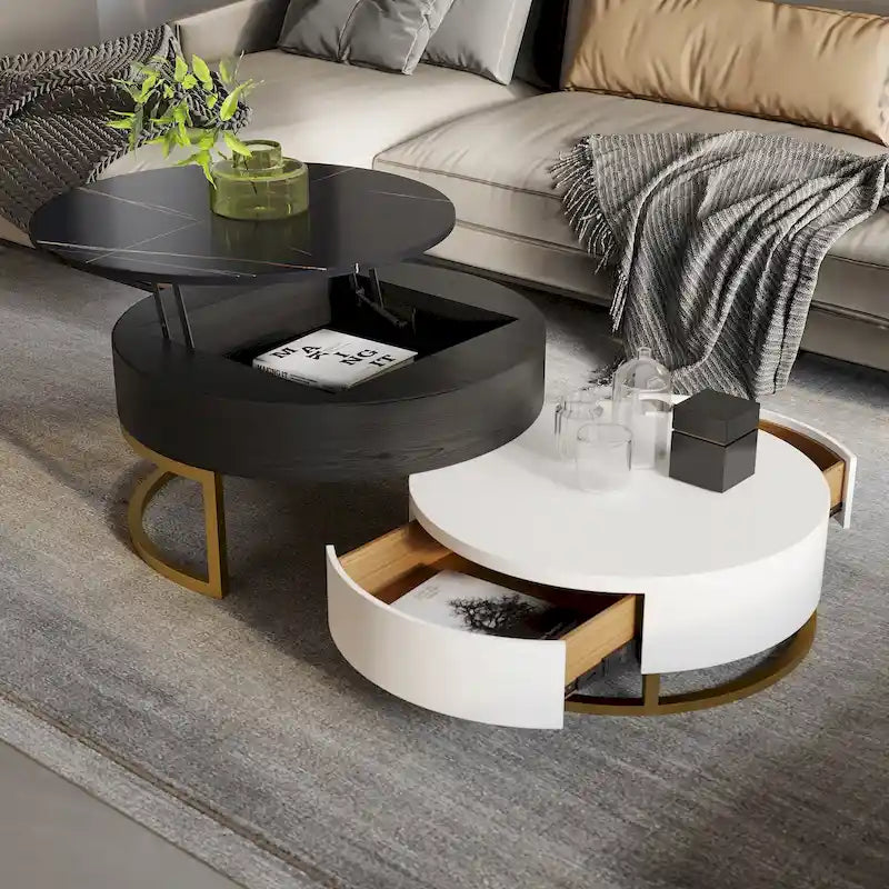 Set di 2 tavolini da caffè rotondi con piano sollevabile e contenitore, 2 cassetti in legno di pino, piano girevole, design impilabile