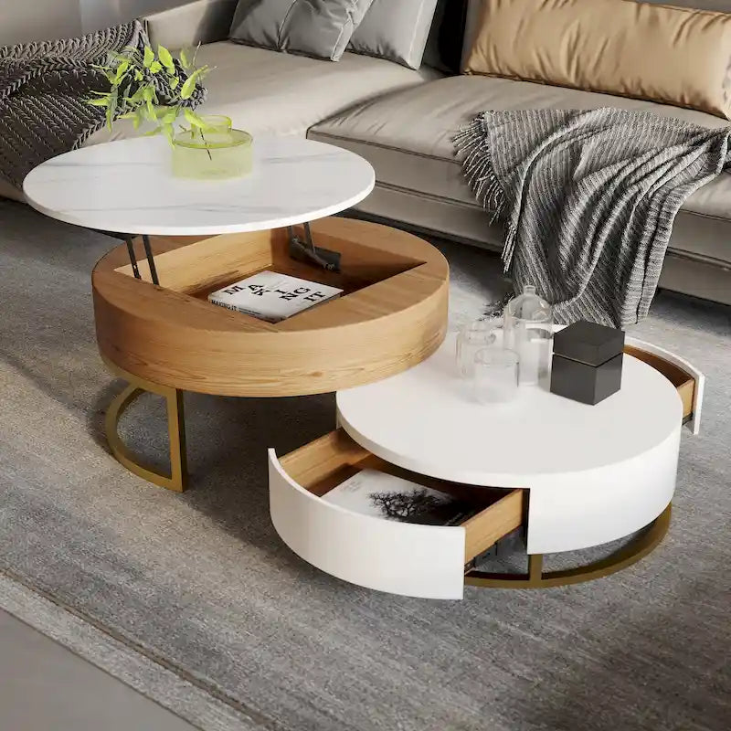 Set di 2 tavolini da caffè rotondi con piano sollevabile e contenitore, 2 cassetti in legno di pino, piano girevole, design impilabile