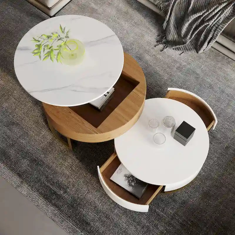 Set di 2 tavolini da caffè rotondi con piano sollevabile e contenitore, 2 cassetti in legno di pino, piano girevole, design impilabile