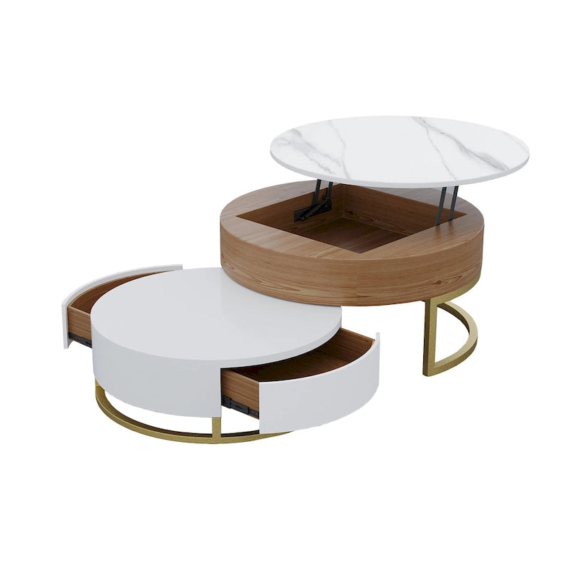 Set di 2 tavolini da caffè rotondi con piano sollevabile e contenitore, 2 cassetti in legno di pino, piano girevole, design impilabile