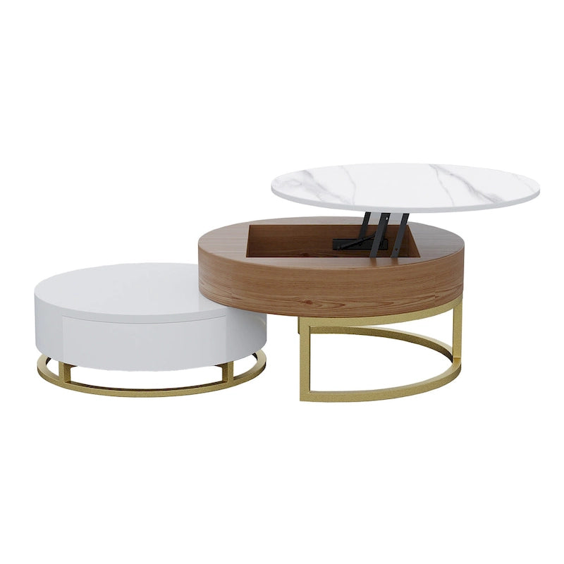 Set di 2 tavolini da caffè rotondi con piano sollevabile e contenitore, 2 cassetti in legno di pino, piano girevole, design impilabile