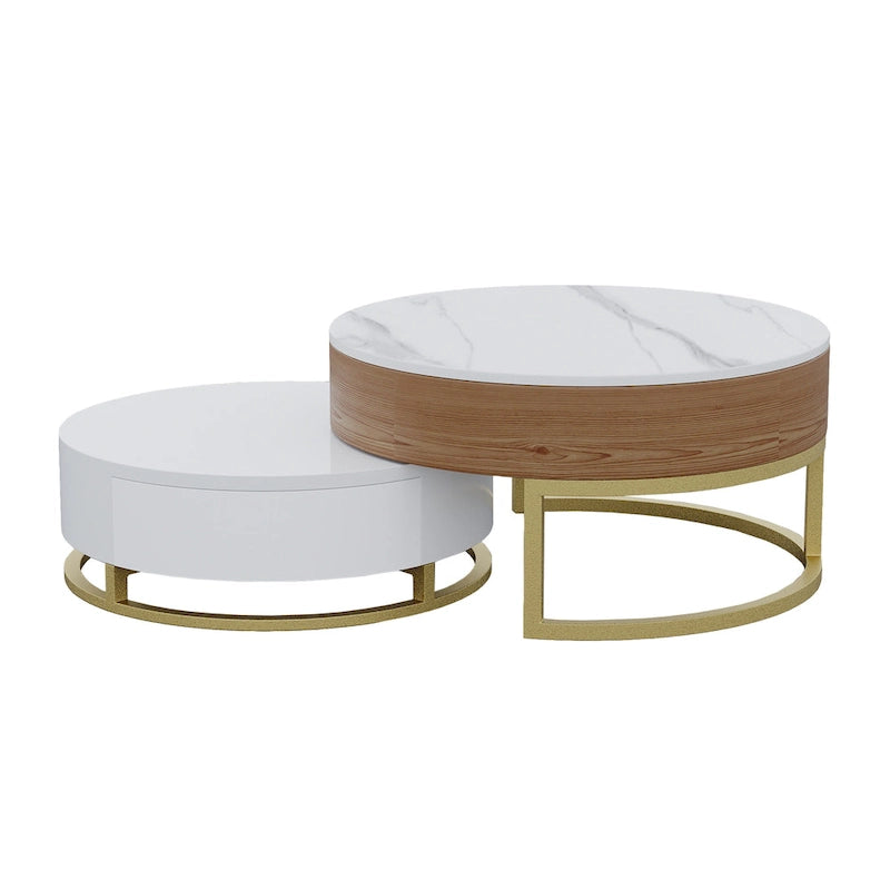 Set di 2 tavolini da caffè rotondi con piano sollevabile e contenitore, 2 cassetti in legno di pino, piano girevole, design impilabile