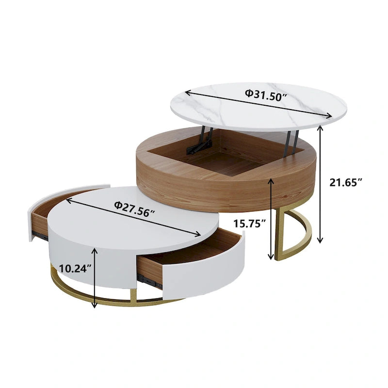 Set di 2 tavolini da caffè rotondi con piano sollevabile e contenitore, 2 cassetti in legno di pino, piano girevole, design impilabile