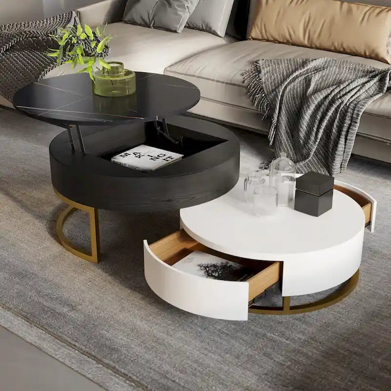 Set di 2 tavolini da caffè rotondi con piano sollevabile e contenitore, 2 cassetti in legno di pino, piano girevole, design impilabile
