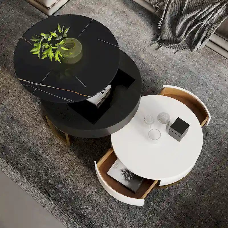 Set di 2 tavolini da caffè rotondi con piano sollevabile e contenitore, 2 cassetti in legno di pino, piano girevole, design impilabile