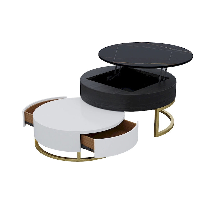Set di 2 tavolini da caffè rotondi con piano sollevabile e contenitore, 2 cassetti in legno di pino, piano girevole, design impilabile