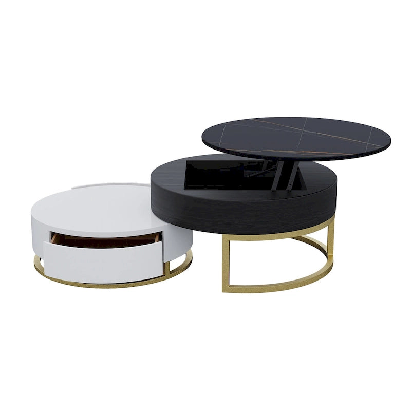 Set di 2 tavolini da caffè rotondi con piano sollevabile e contenitore, 2 cassetti in legno di pino, piano girevole, design impilabile