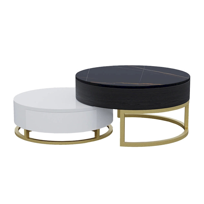 Set di 2 tavolini da caffè rotondi con piano sollevabile e contenitore, 2 cassetti in legno di pino, piano girevole, design impilabile