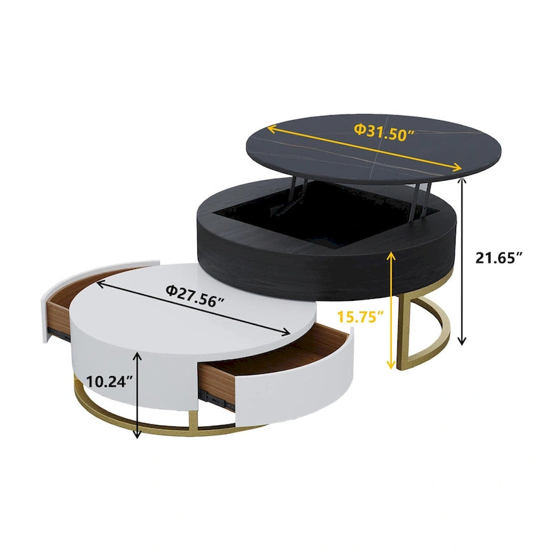 Set di 2 tavolini da caffè rotondi con piano sollevabile e contenitore, 2 cassetti in legno di pino, piano girevole, design impilabile