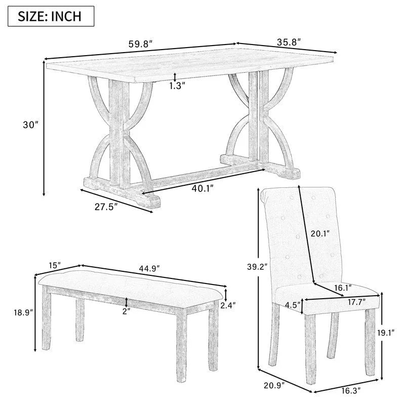 Set da pranzo retrò rettangolare da 6 pezzi, tavolo con gambe uniche e 4 sedie imbottite e 1 panca per sala da pranzo