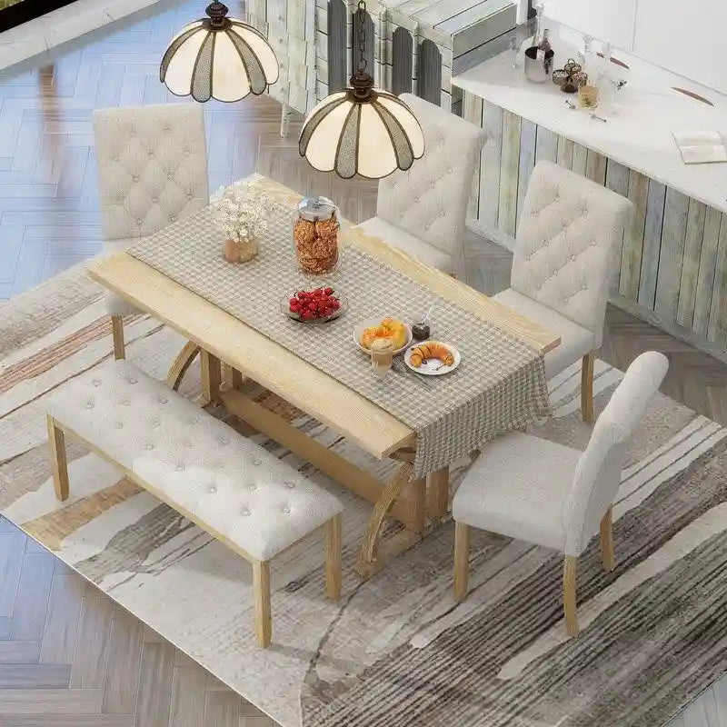Set da pranzo retrò rettangolare da 6 pezzi, tavolo con gambe uniche e 4 sedie imbottite e 1 panca per sala da pranzo