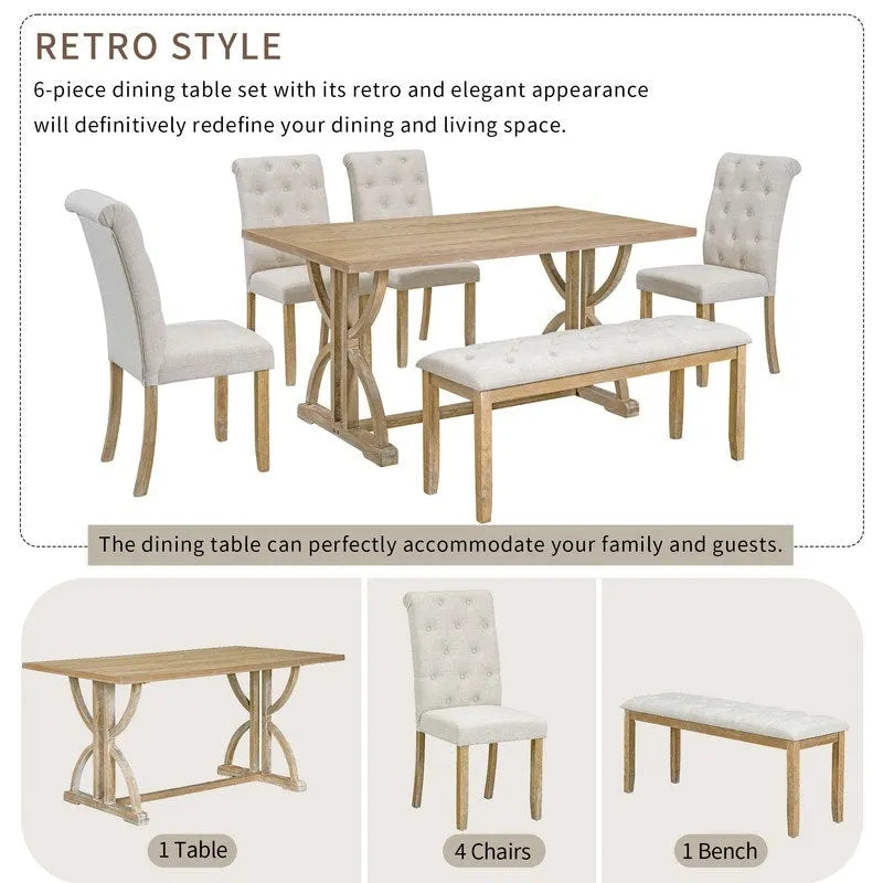 Set da pranzo retrò rettangolare da 6 pezzi, tavolo con gambe uniche e 4 sedie imbottite e 1 panca per sala da pranzo