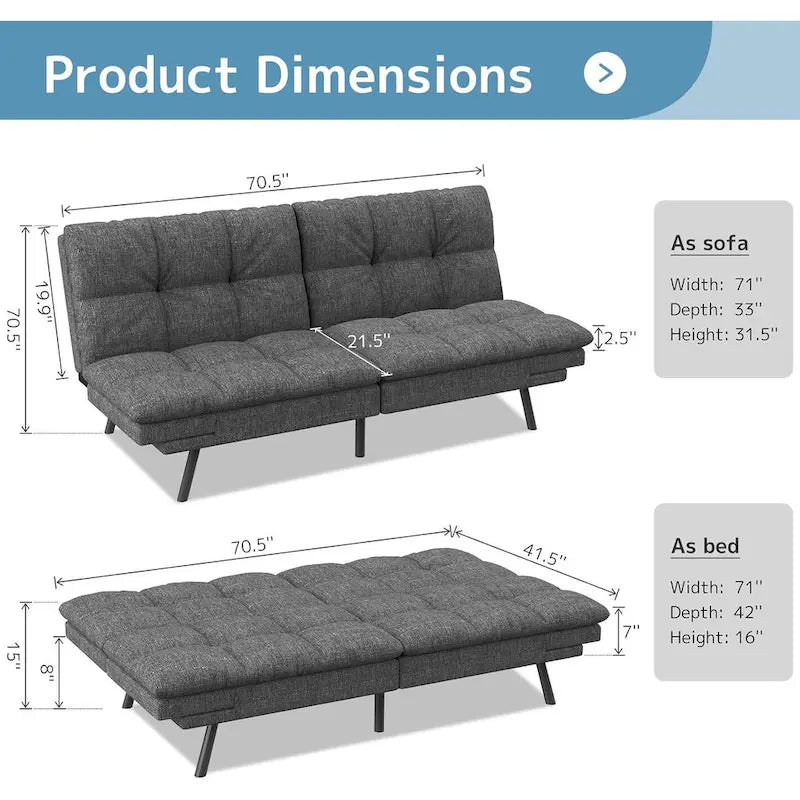 Divano Letto Futon, Divano Pieghevole in Memory Foam Convertibile per Due Posti Letto con Braccioli Regolabili per Piccoli Spazi