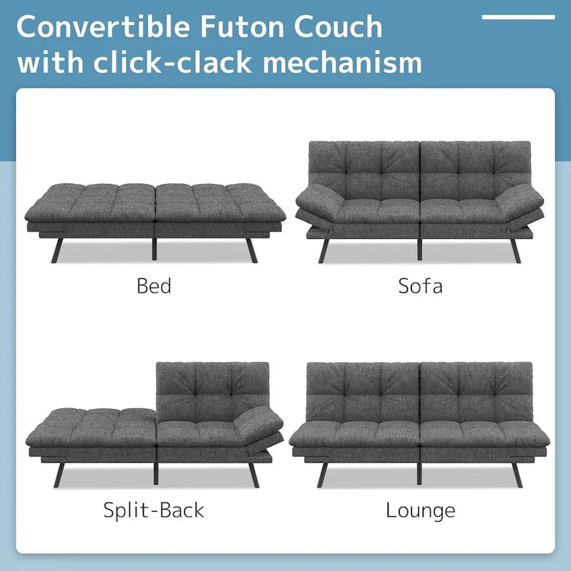 Divano Letto Futon, Divano Pieghevole in Memory Foam Convertibile per Due Posti Letto con Braccioli Regolabili per Piccoli Spazi
