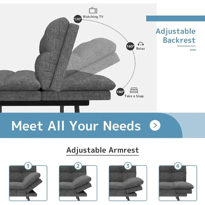 Divano Letto Futon, Divano Pieghevole in Memory Foam Convertibile per Due Posti Letto con Braccioli Regolabili per Piccoli Spazi