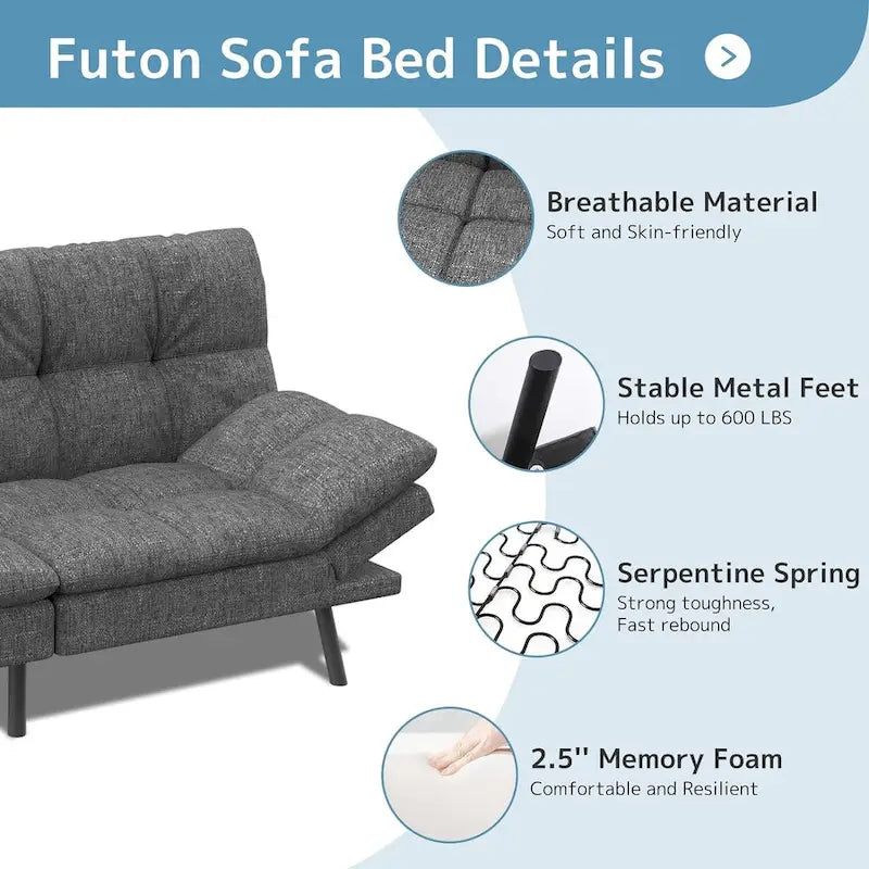 Divano Letto Futon, Divano Pieghevole in Memory Foam Convertibile per Due Posti Letto con Braccioli Regolabili per Piccoli Spazi