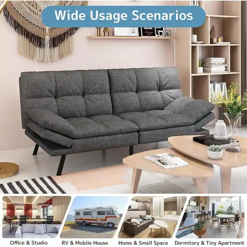 Divano Letto Futon, Divano Pieghevole in Memory Foam Convertibile per Due Posti Letto con Braccioli Regolabili per Piccoli Spazi