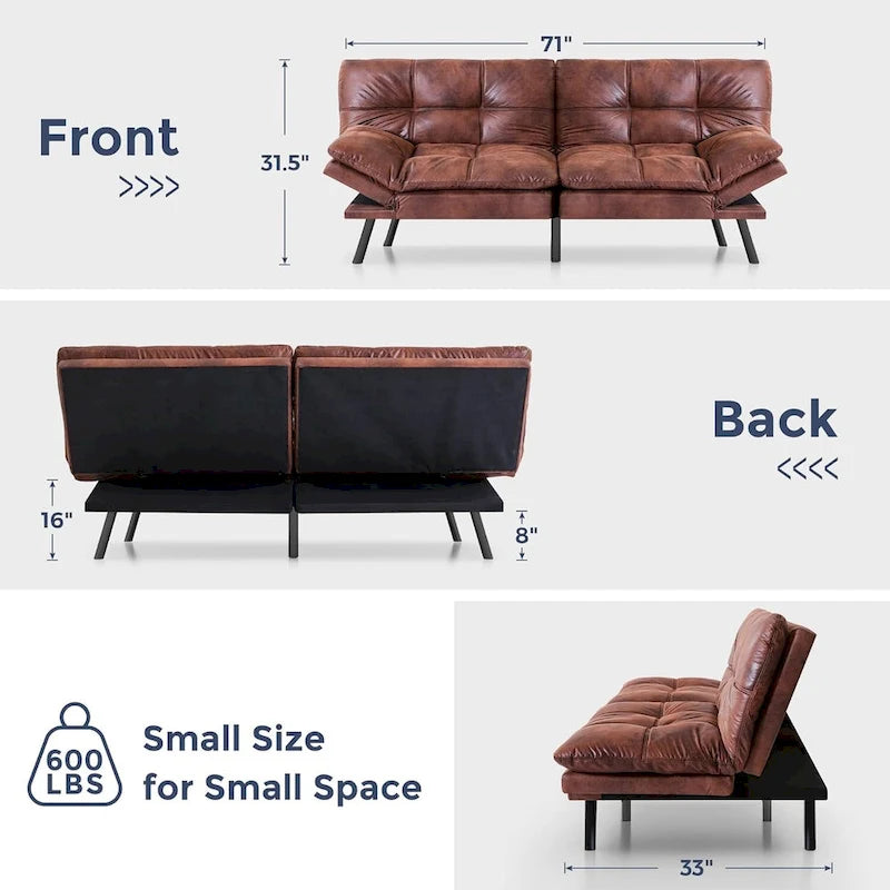 Divano Letto Futon, Divano Pieghevole in Memory Foam Convertibile per Due Posti Letto con Braccioli Regolabili per Piccoli Spazi