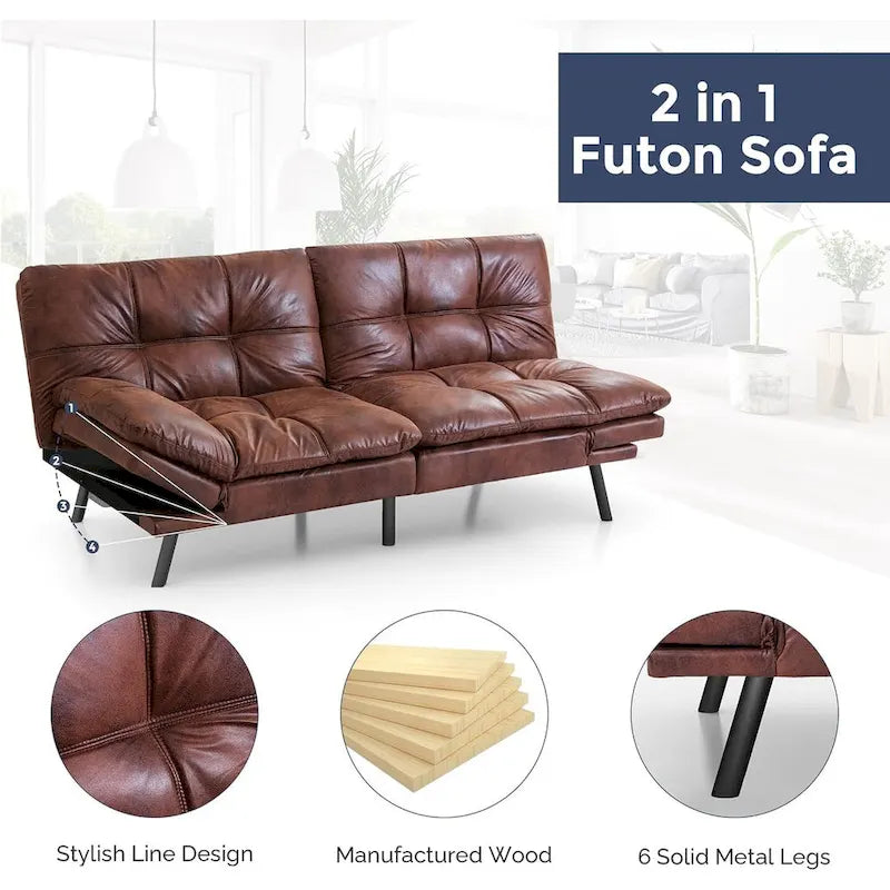 Divano Letto Futon, Divano Pieghevole in Memory Foam Convertibile per Due Posti Letto con Braccioli Regolabili per Piccoli Spazi