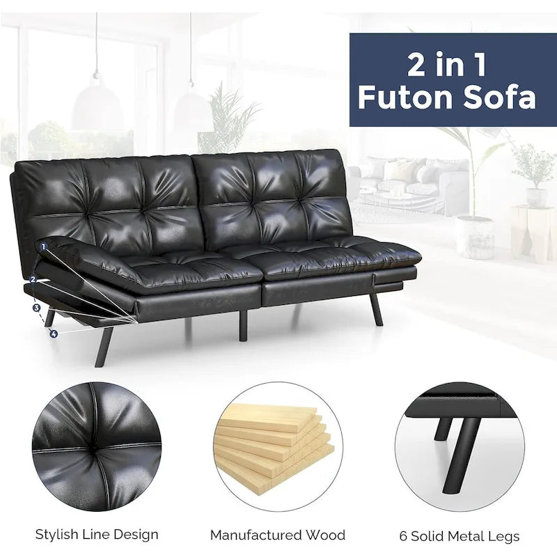 Divano Letto Futon, Divano Pieghevole in Memory Foam Convertibile per Due Posti Letto con Braccioli Regolabili per Piccoli Spazi