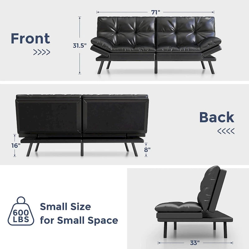 Divano Letto Futon, Divano Pieghevole in Memory Foam Convertibile per Due Posti Letto con Braccioli Regolabili per Piccoli Spazi