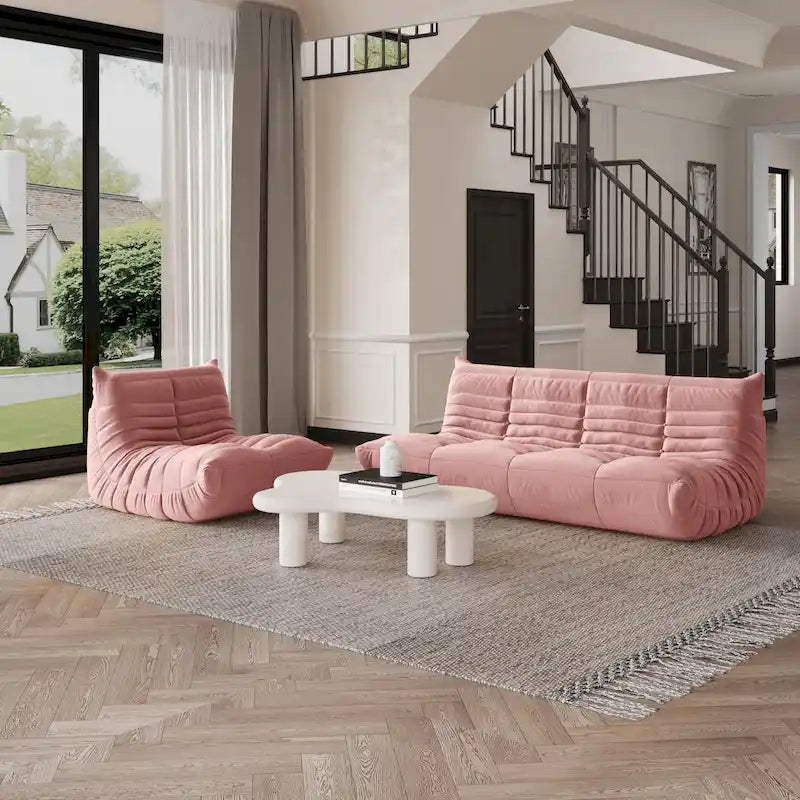Pouf moderno, sedia a sdraio in tessuto Teddy, set divano pigro