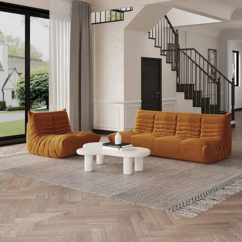 Pouf moderno, sedia a sdraio in tessuto Teddy, set divano pigro