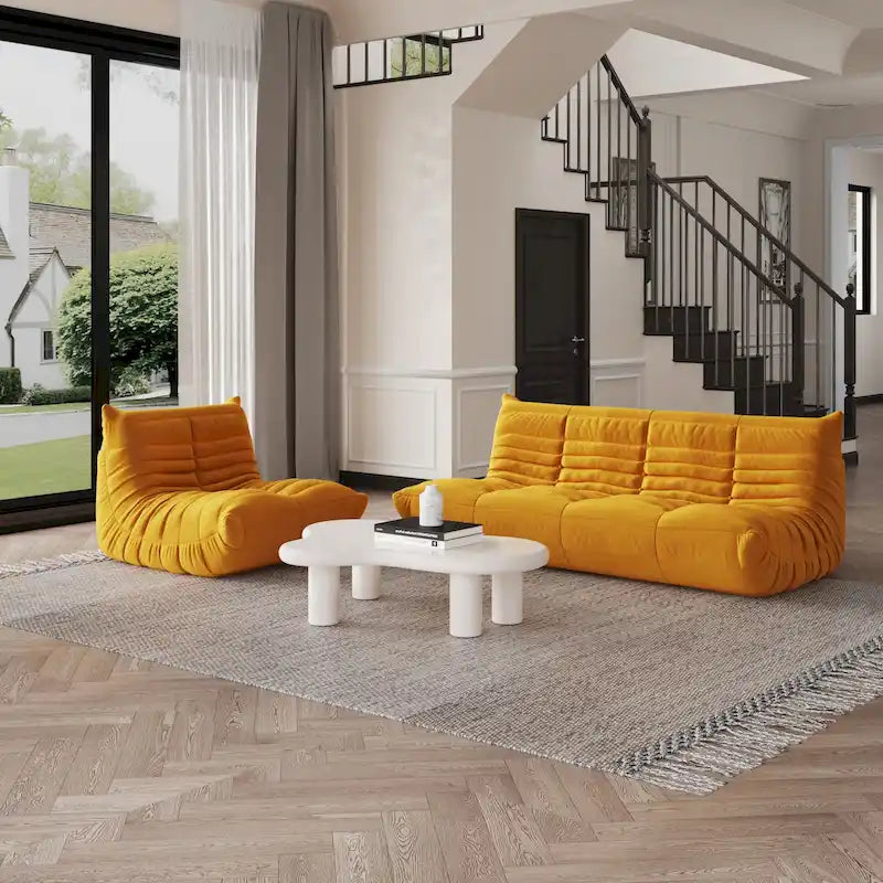 Pouf moderno, sedia a sdraio in tessuto Teddy, set divano pigro