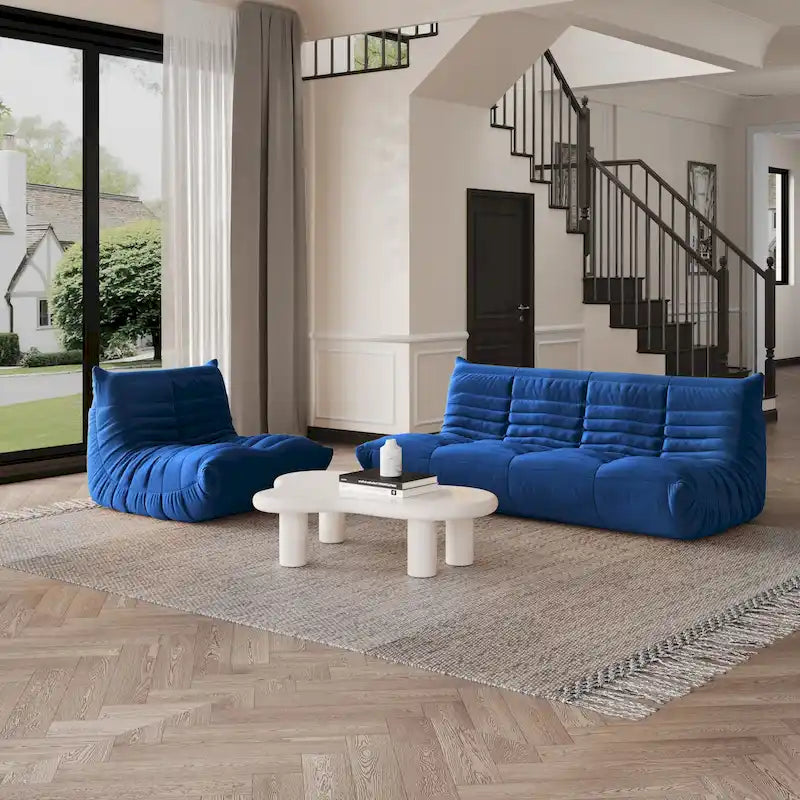 Pouf moderno, sedia a sdraio in tessuto Teddy, set divano pigro
