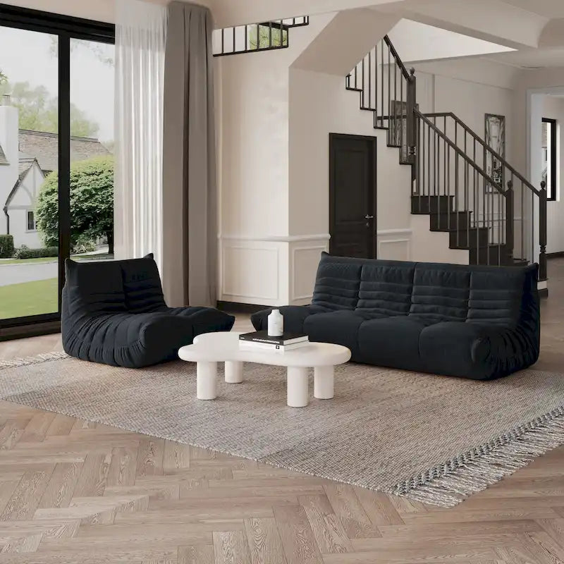 Pouf moderno, sedia a sdraio in tessuto Teddy, set divano pigro