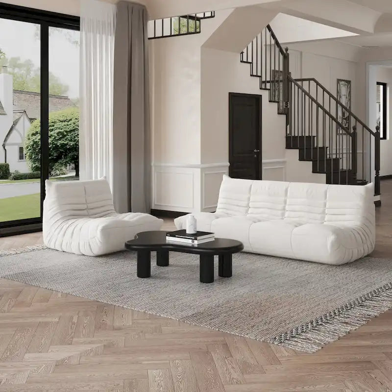 Pouf moderno, sedia a sdraio in tessuto Teddy, set divano pigro