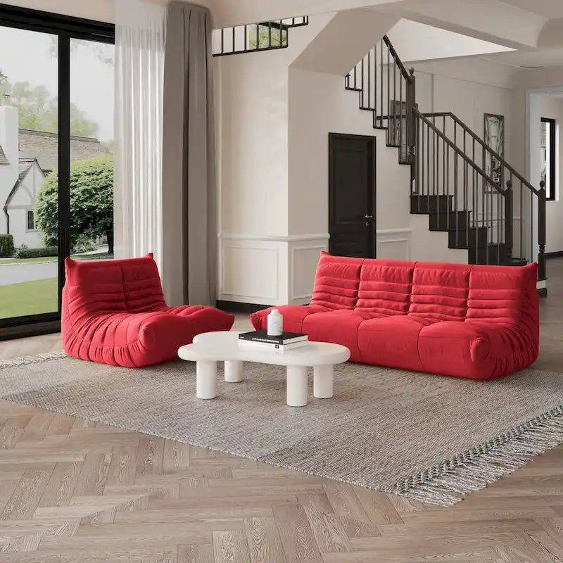 Pouf moderno, sedia a sdraio in tessuto Teddy, set divano pigro