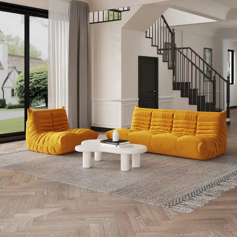 Pouf moderno, sedia a sdraio in tessuto Teddy, set divano pigro