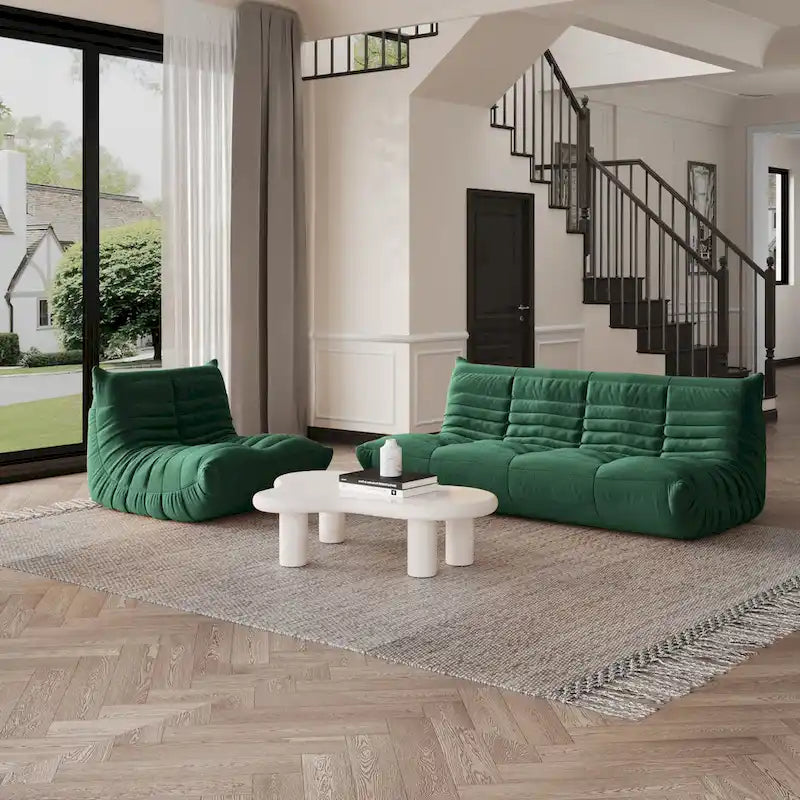 Pouf moderno, sedia a sdraio in tessuto Teddy, set divano pigro