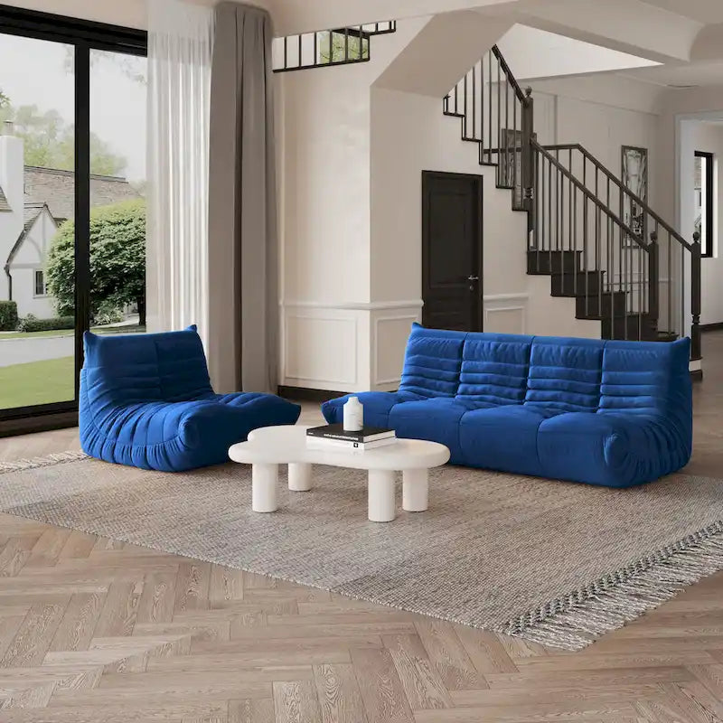 Pouf moderno, sedia a sdraio in tessuto Teddy, set divano pigro