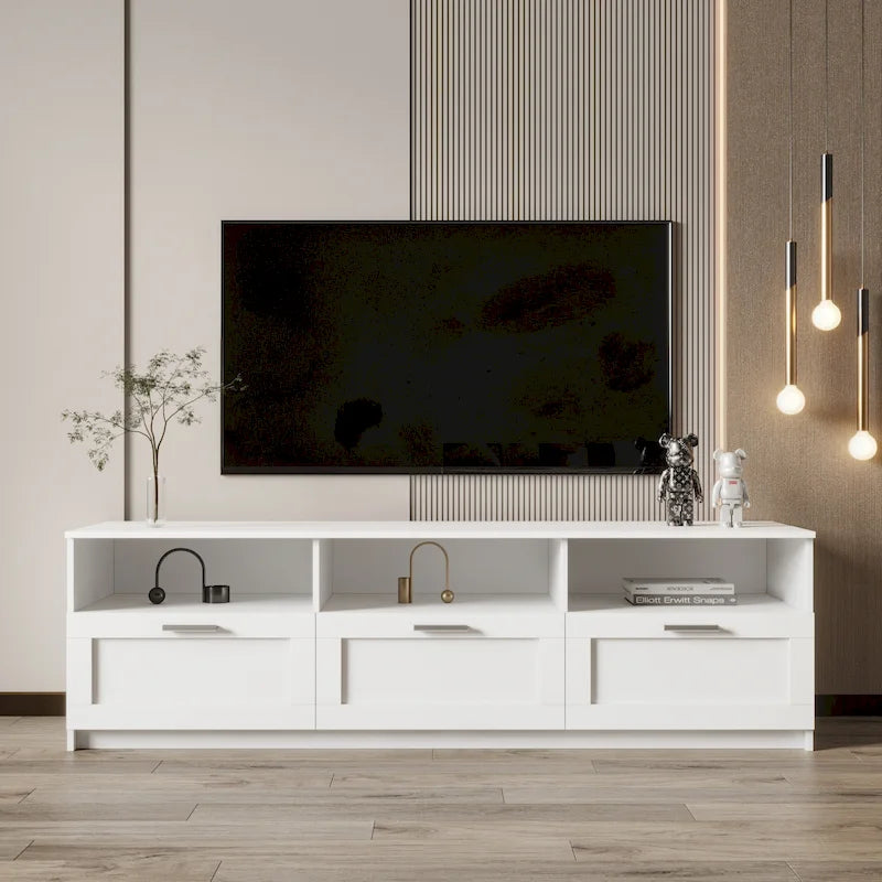 Mobile TV moderno minimalista, porta TV da 80 pollici, armadietto aperto, soggiorno, camera da letto