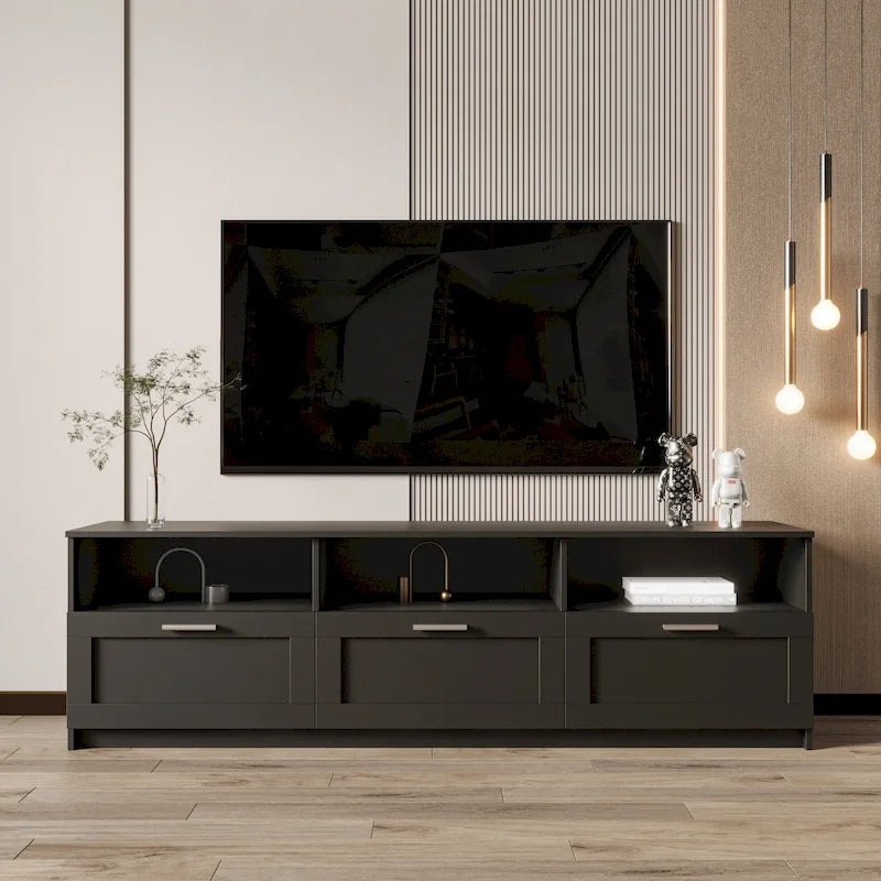 Mobile TV moderno minimalista, porta TV da 80 pollici, armadietto aperto, soggiorno, camera da letto