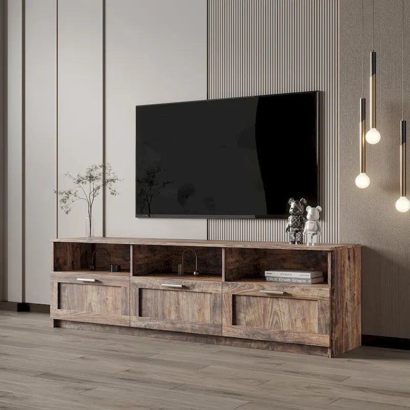 Mobile TV moderno minimalista, porta TV da 80 pollici, armadietto aperto, soggiorno, camera da letto