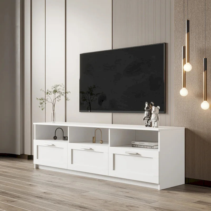 Mobile TV moderno minimalista, porta TV da 80 pollici, armadietto aperto, soggiorno, camera da letto