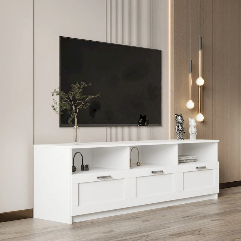 Mobile TV moderno minimalista, porta TV da 80 pollici, armadietto aperto, soggiorno, camera da letto