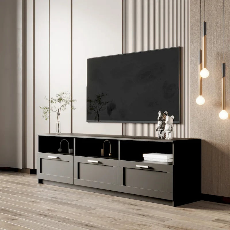 Mobile TV moderno minimalista, porta TV da 80 pollici, armadietto aperto, soggiorno, camera da letto