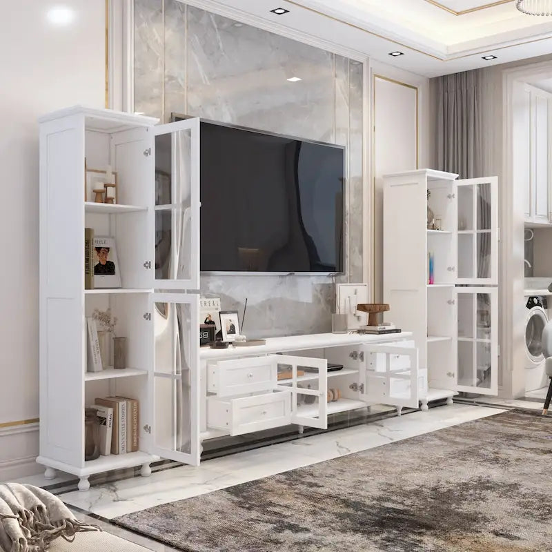 Set di mobili con vetrina in vetro temperato e combinazione porta TV - Madia laterale + Mobile TV