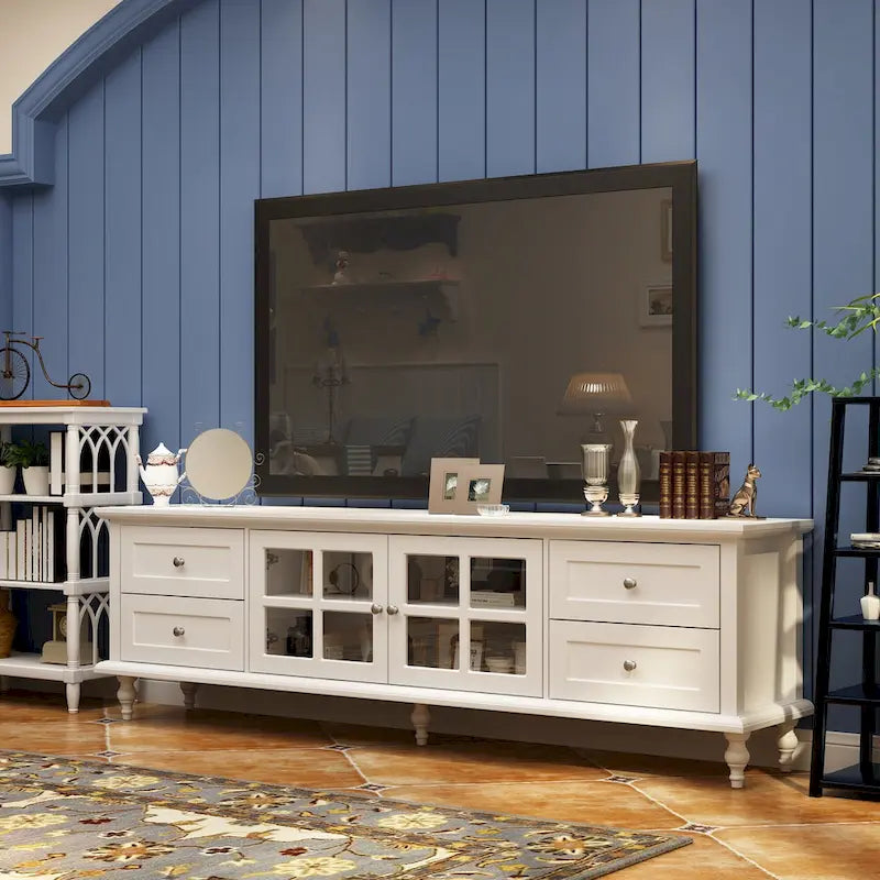 Set di mobili con vetrina in vetro temperato e combinazione porta TV - Madia laterale + Mobile TV
