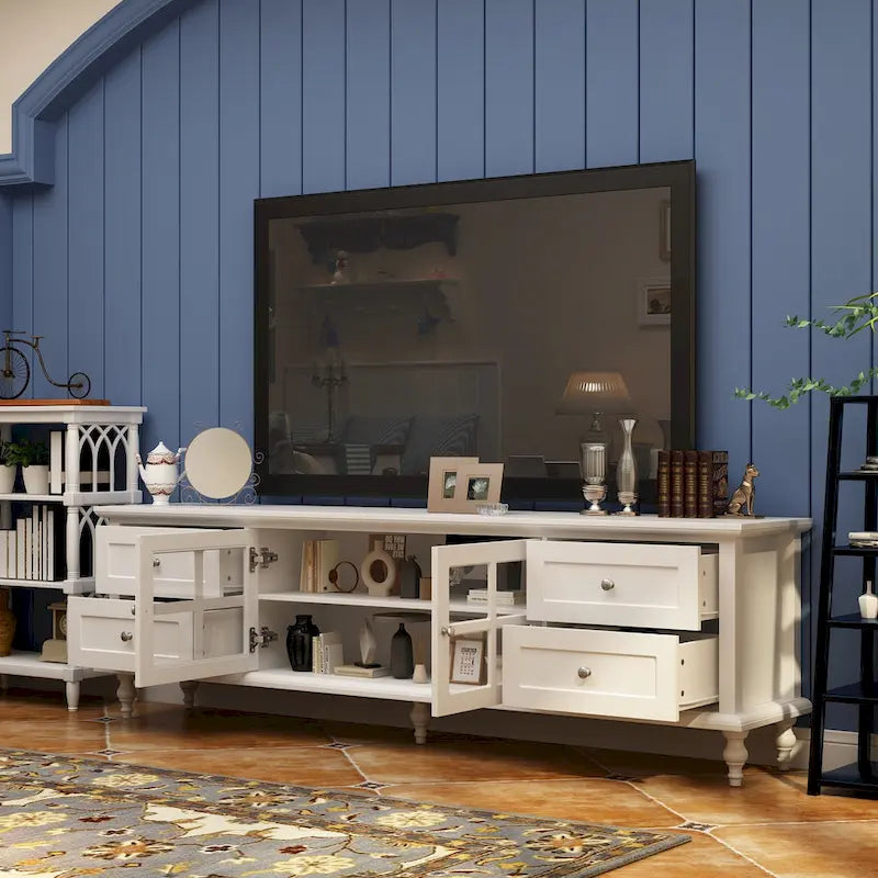 Set di mobili con vetrina in vetro temperato e combinazione porta TV - Madia laterale + Mobile TV