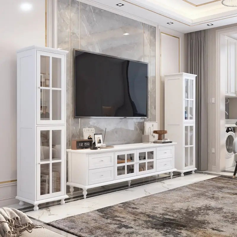 Set di mobili con vetrina in vetro temperato e combinazione porta TV - Madia laterale + Mobile TV