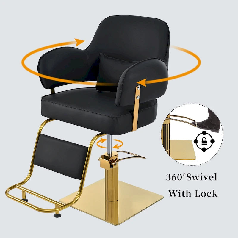 Poltrona da barbiere girevole in pelle nera, sedia da salone ergonomica con braccioli e pompa idraulica per impieghi gravosi regolabile
