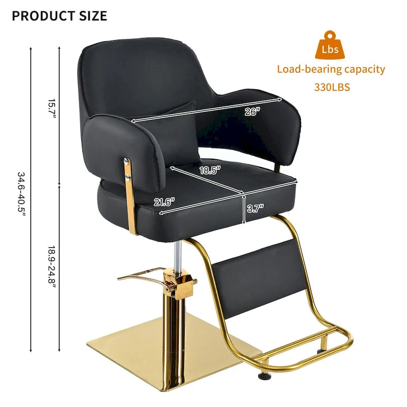 Poltrona da barbiere girevole in pelle nera, sedia da salone ergonomica con braccioli e pompa idraulica per impieghi gravosi regolabile