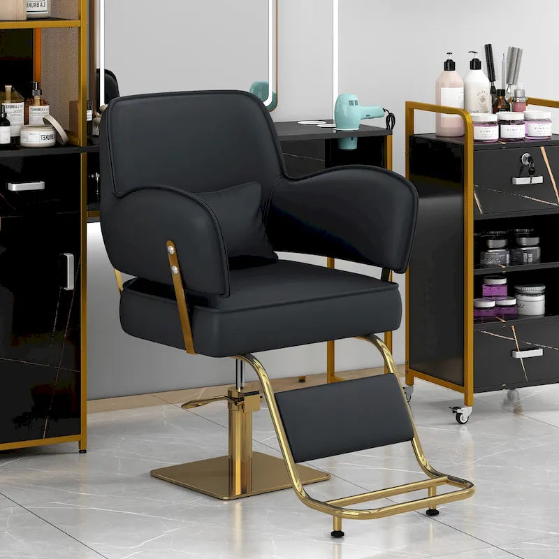 Poltrona da barbiere girevole in pelle nera, sedia da salone ergonomica con braccioli e pompa idraulica per impieghi gravosi regolabile