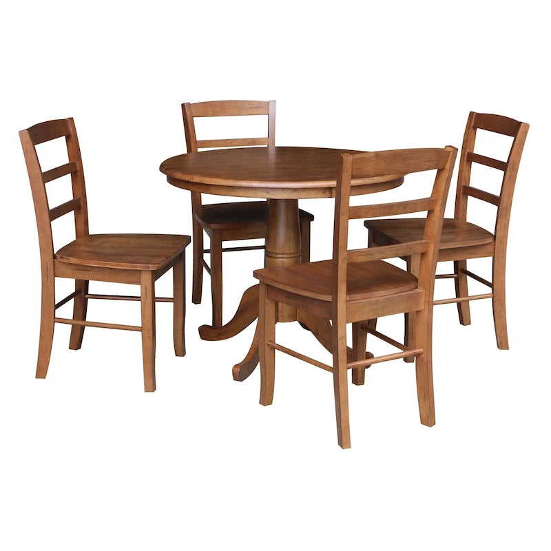 Tavolo da pranzo rotondo International Concepts Solid Wood 36 con piedistallo e 4 sedie Madrid con schienale a pioli